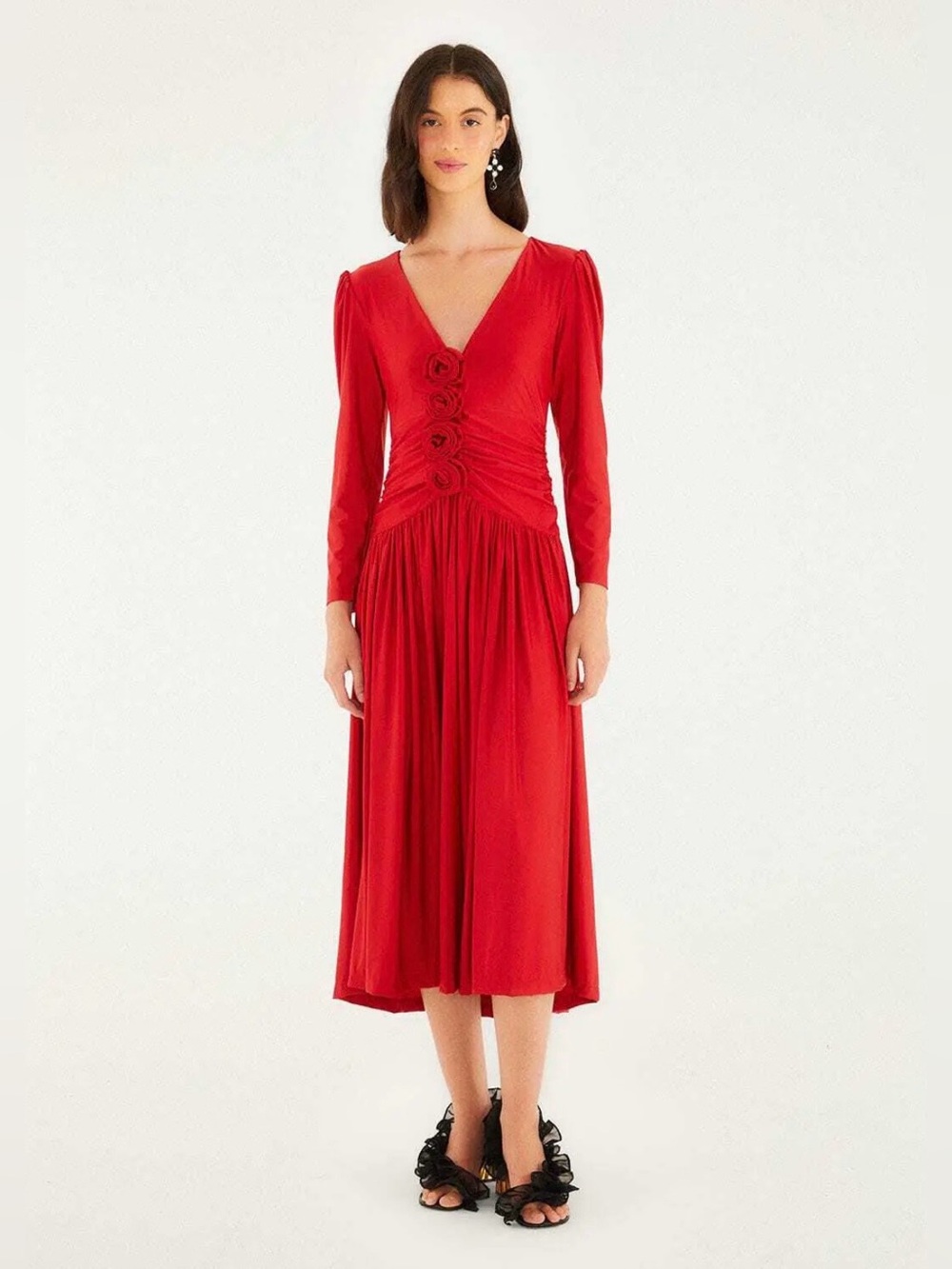 FARM RIO Brazilian Romance Red Flowers Midi Dress